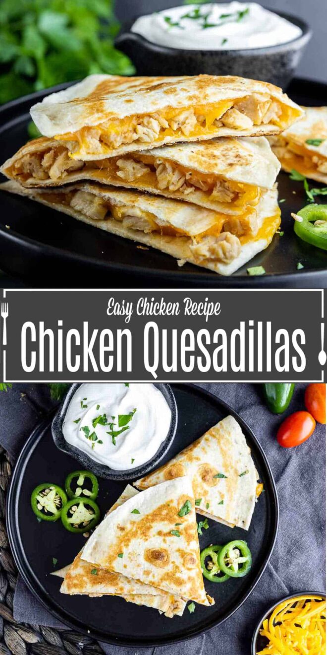 pinterest image of Chicken Quesadillas on black plates