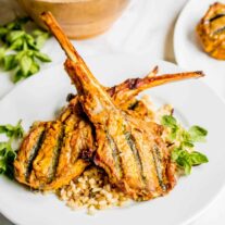 2 Grilled Lamb Chops in a Curry Marinade on top of brown rice