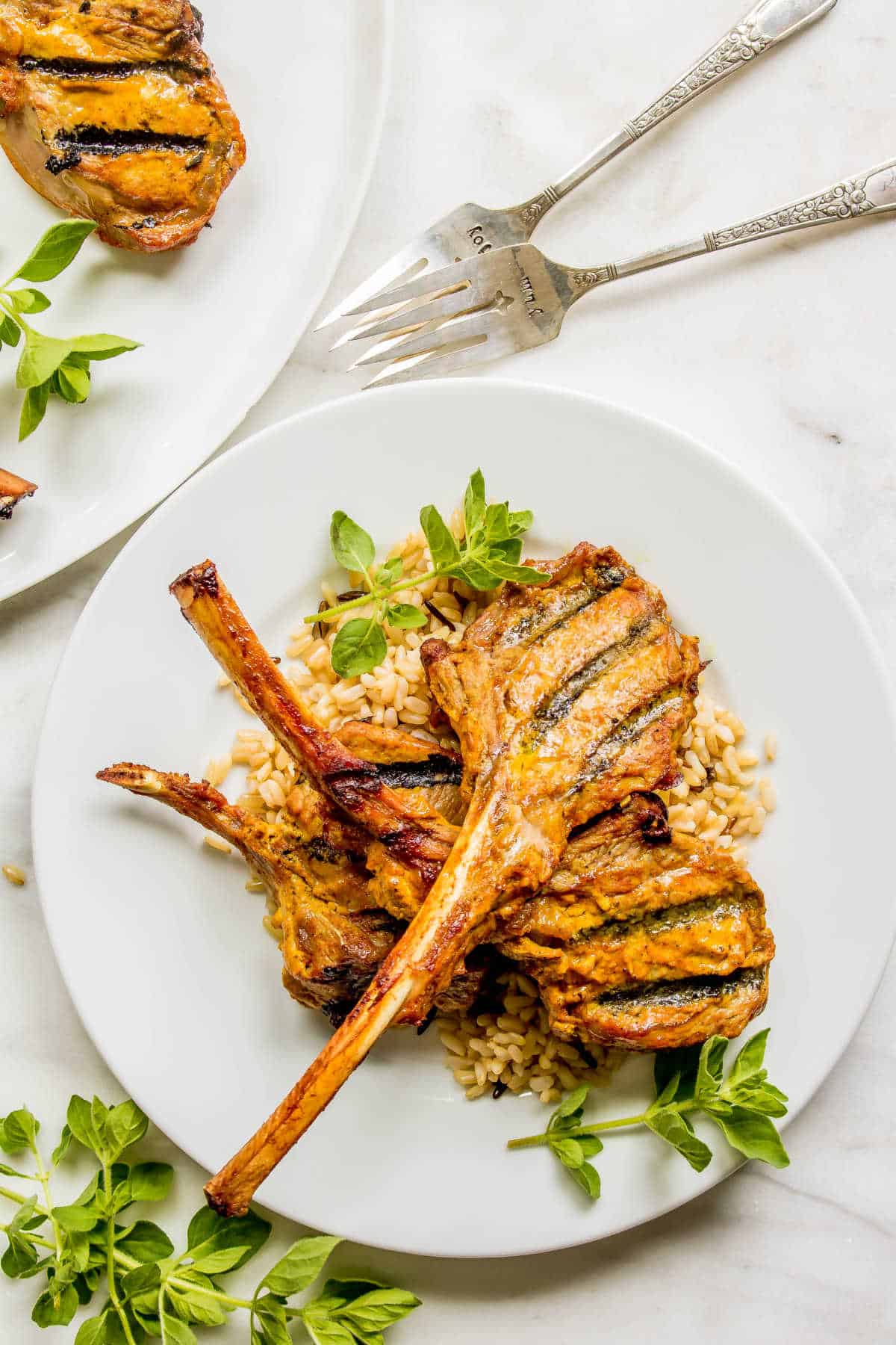 Grilled Lamb Chops in a Curry Marinade on a bed of brown rice and fresh herbs