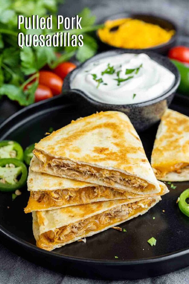 Pinterest image with Pulled Pork Quesadillas on a plate