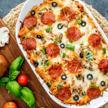 pizza casserole in white casserole dish