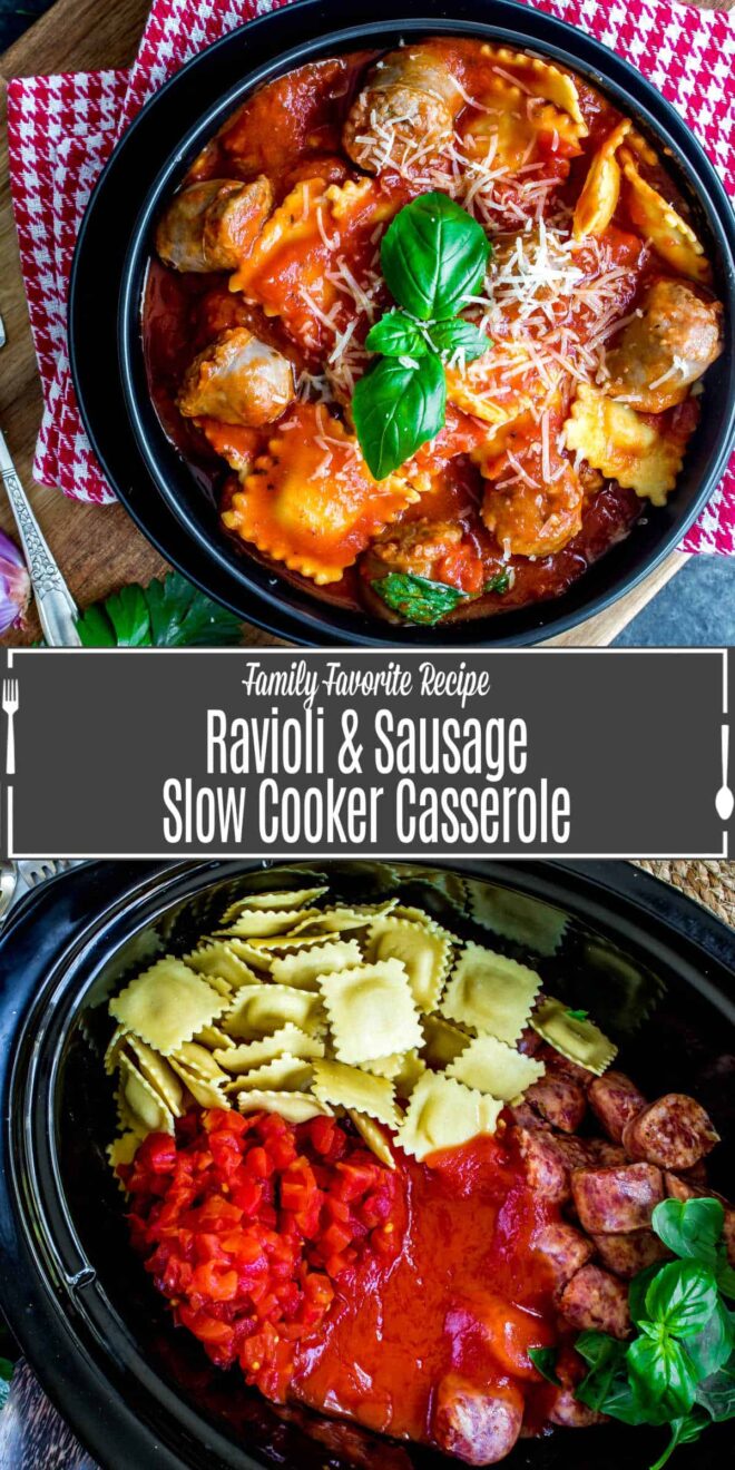 pinterest image of Ravioli and Sausage Slow Cooker Casserole