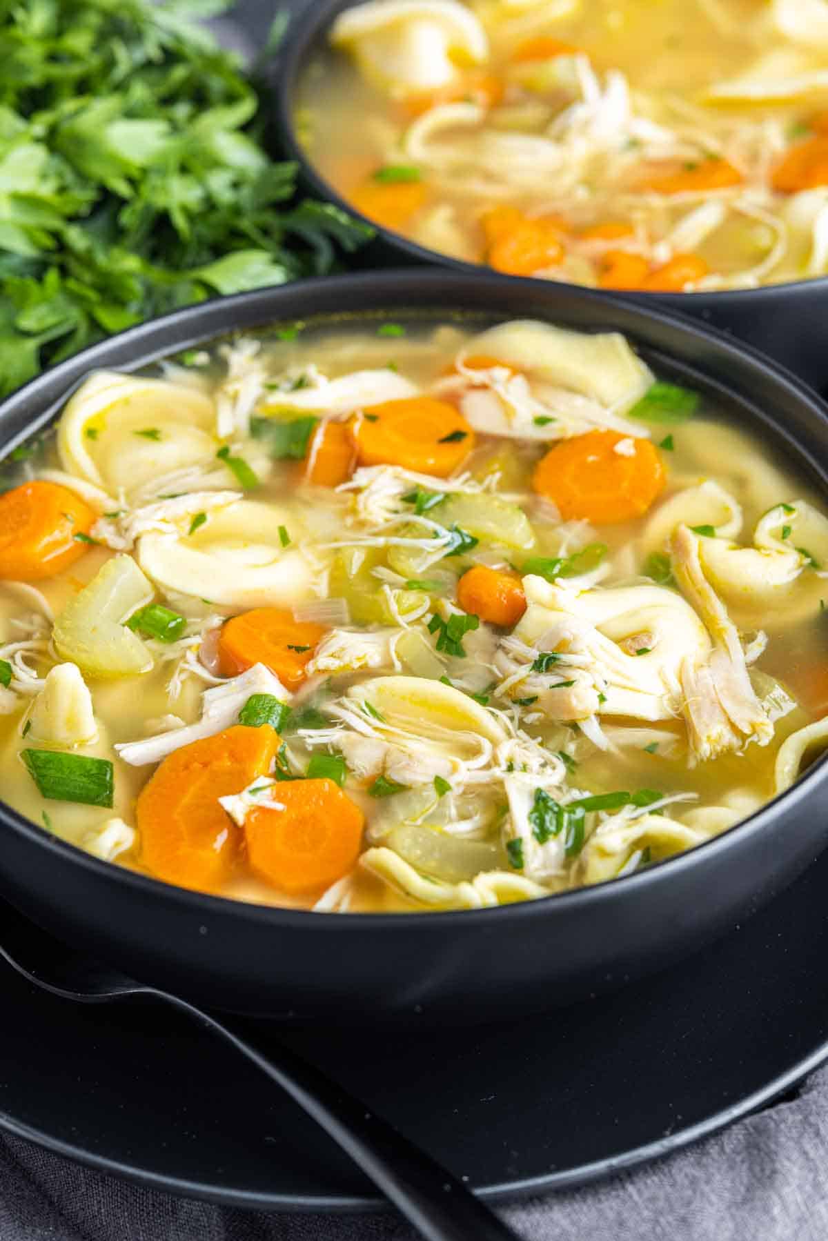 Rotisserie Chicken Soup with Tortellini in a black bowl