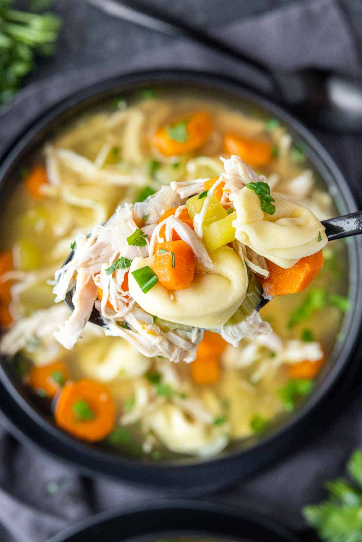 spoonful of Rotisserie Chicken Soup with Tortellini