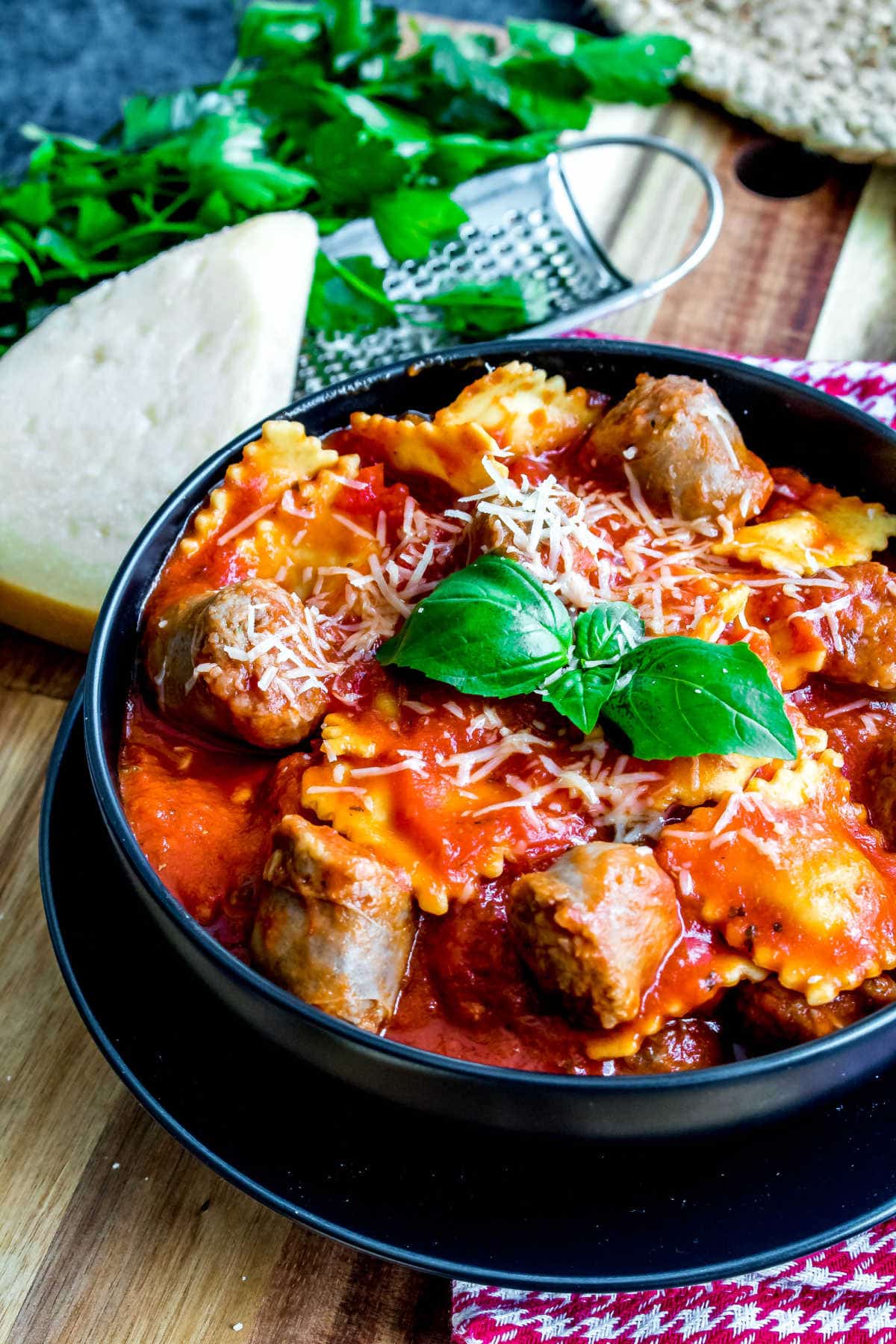 bowl of Ravioli and Sausage Slow Cooker Casserole