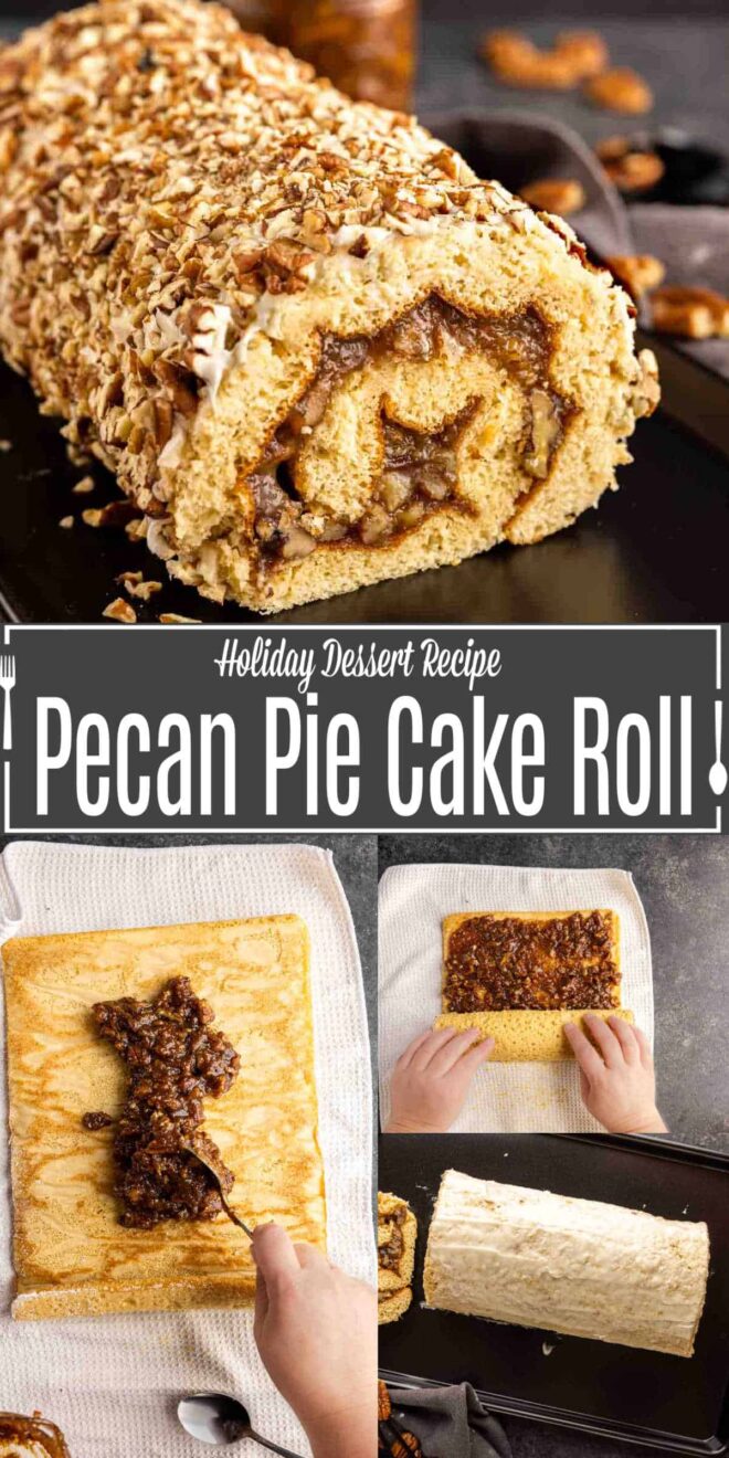 pinterest image of Pecan Pie Cake Roll