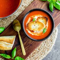 Roasted Red Pepper Soup in a pot and bowl