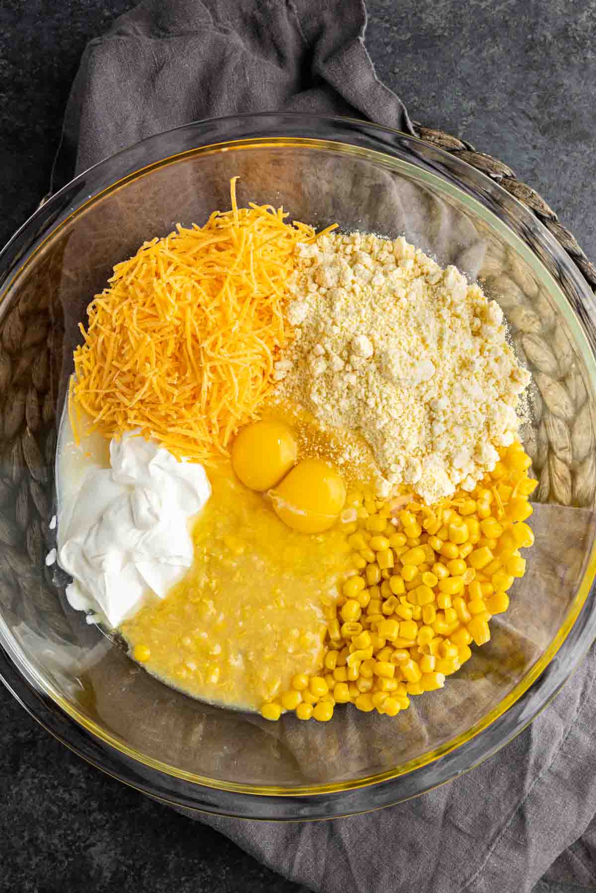 ingredients for Creamed Corn Casserole in a bowl