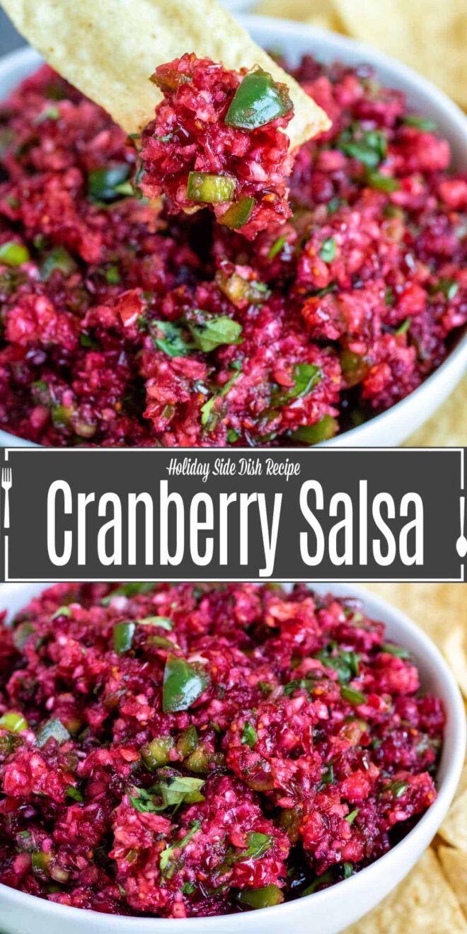 pinterest image of Cranberry Salsa in a white bowl