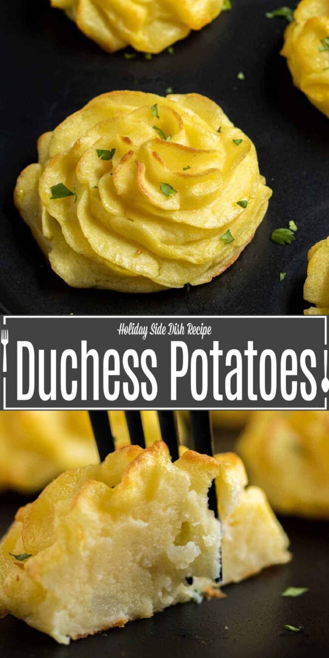 pinterest image of Duchess Potatoes on a platter