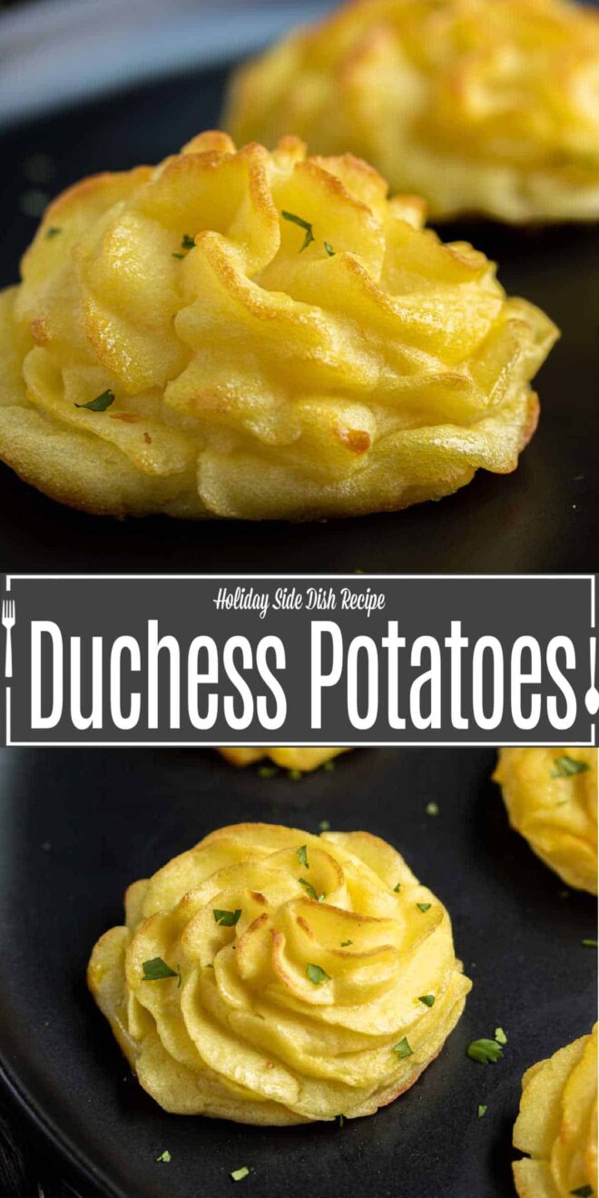 pinterest image of Duchess Potatoes on a platter garnished with fresh parsley