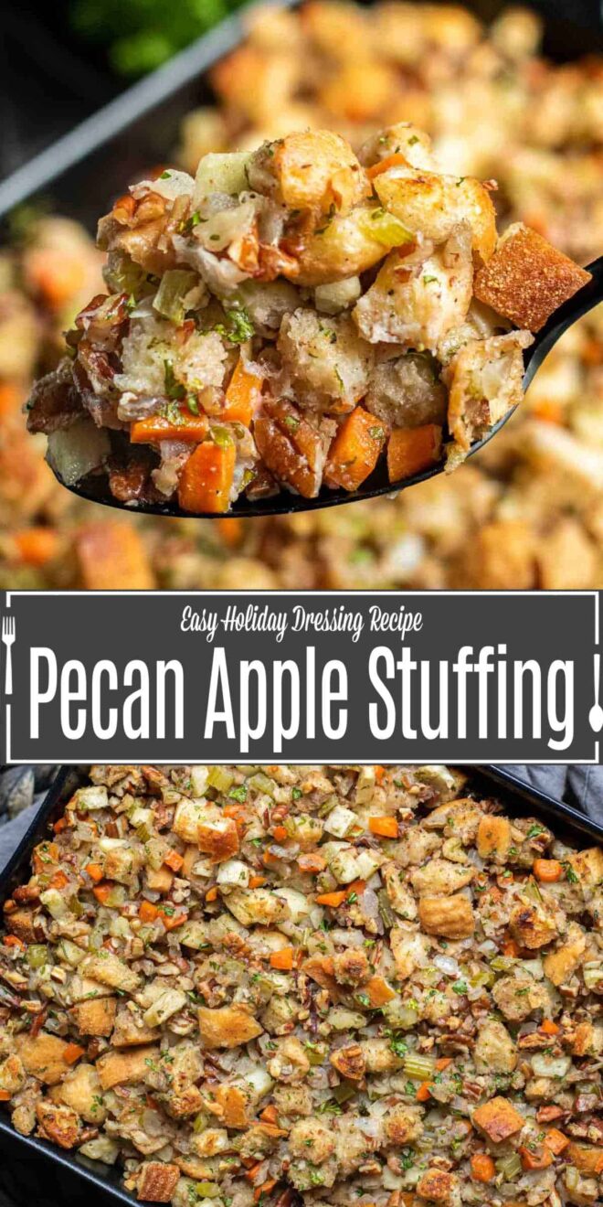 pinterest image of pecan apple stuffing
