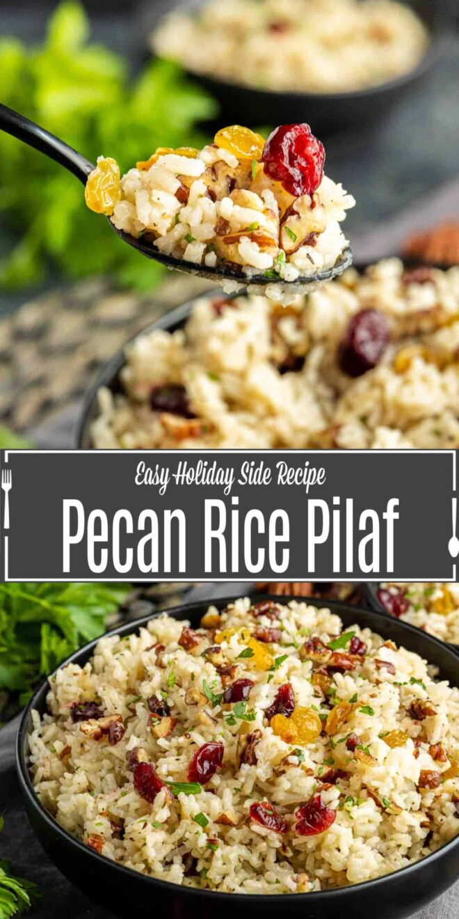 pinterest image of Pecan Rice Pilaf in a bowl and spoon