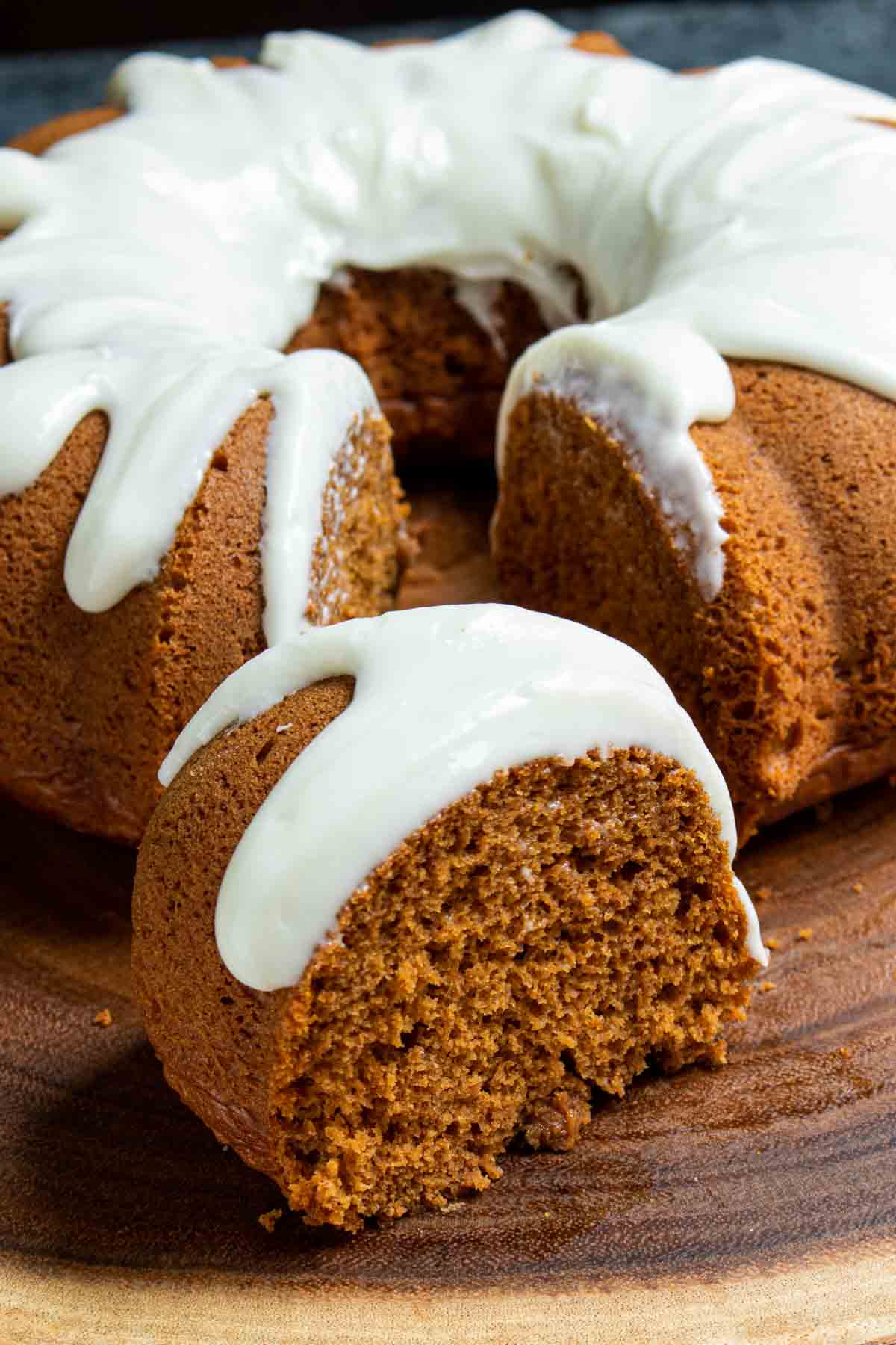 Pumpkin Bundt Cake with a slice pulled out