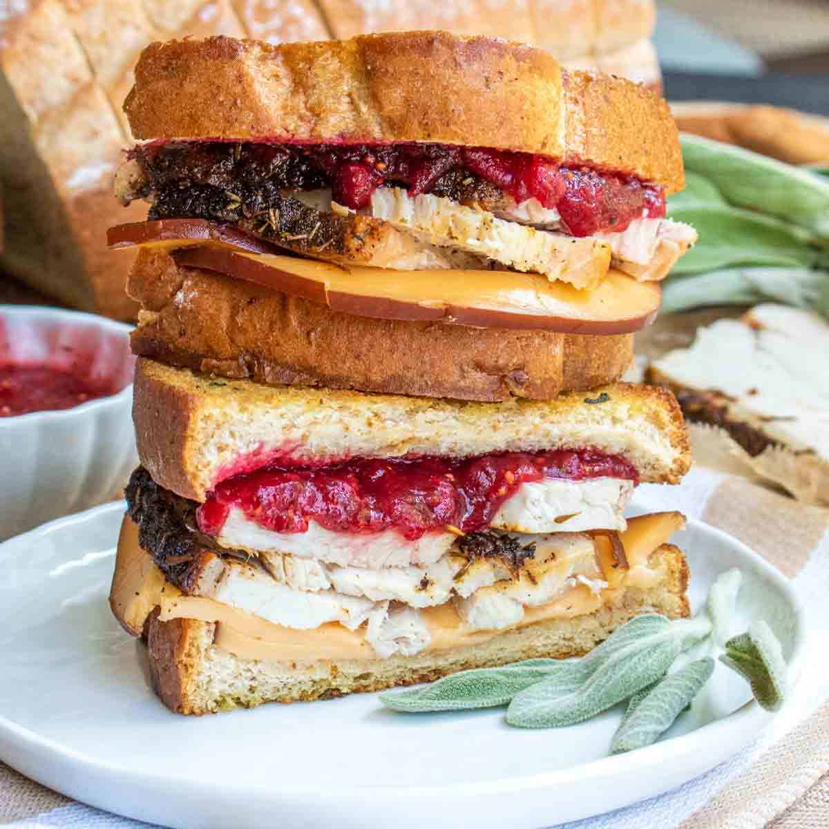 Gooey Gobbler is a grilled cheese sandwich piled high with Thanksgiving Leftovers
