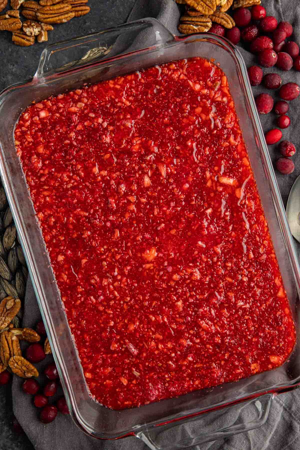 Cranberry Jello Salad in a pyrex dish