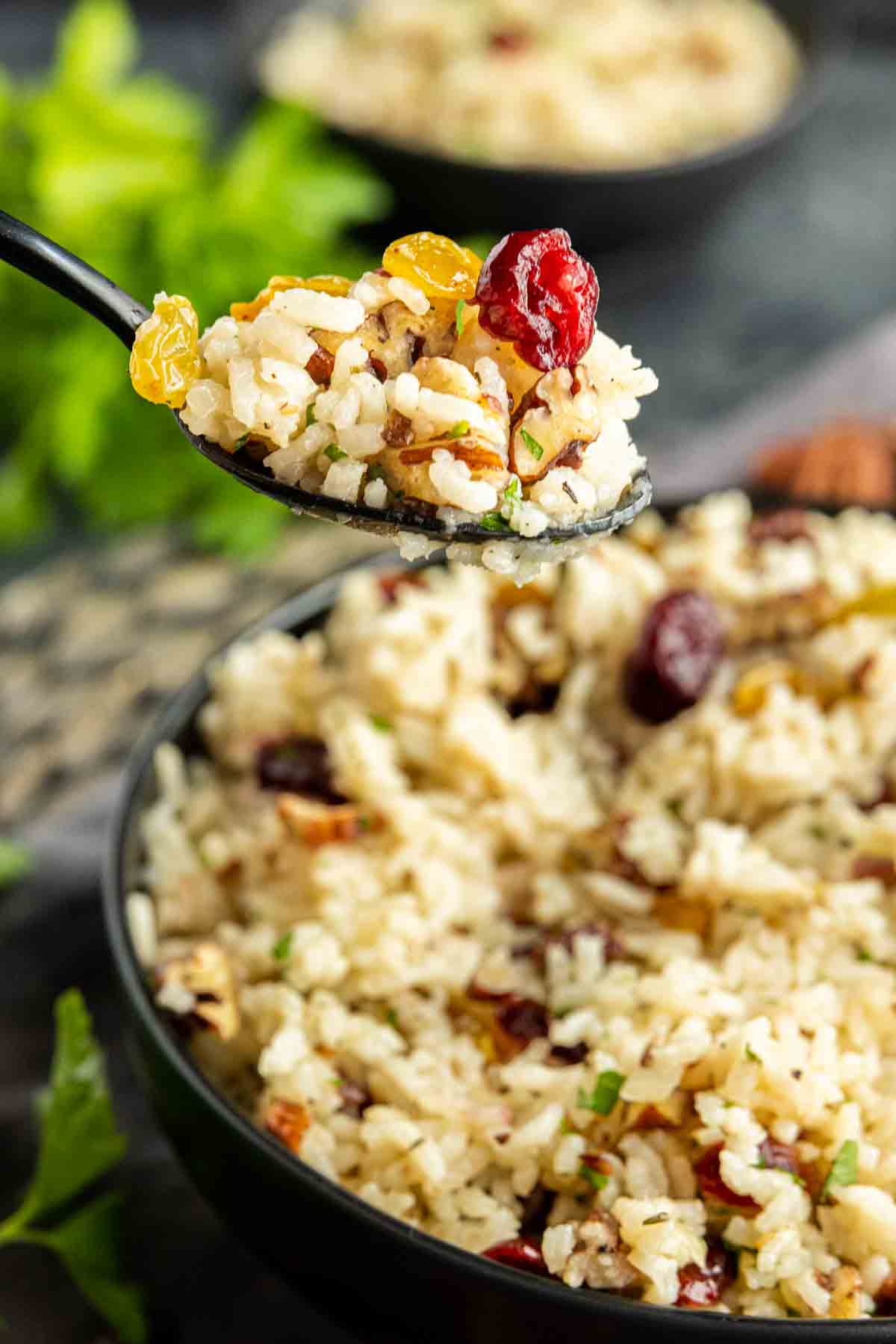 pecan rice pilaf with dried cranberries and golden raisins
