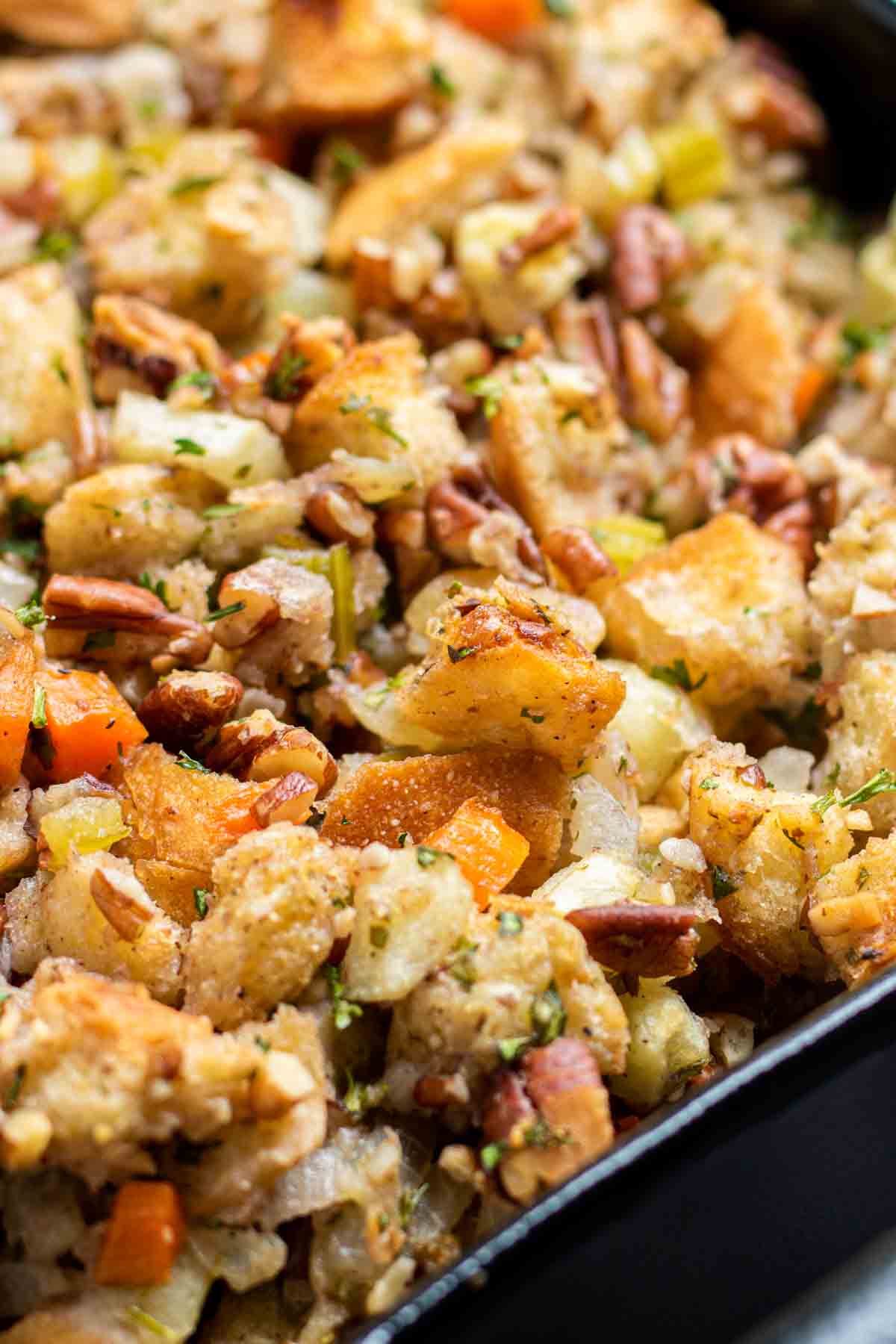 pecan apple stuffing in a dish