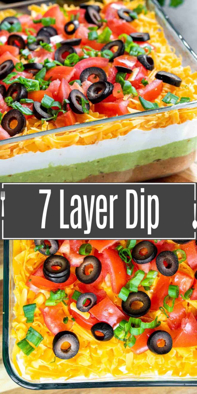 pinterest image of 7 Layer Dip with refried beans