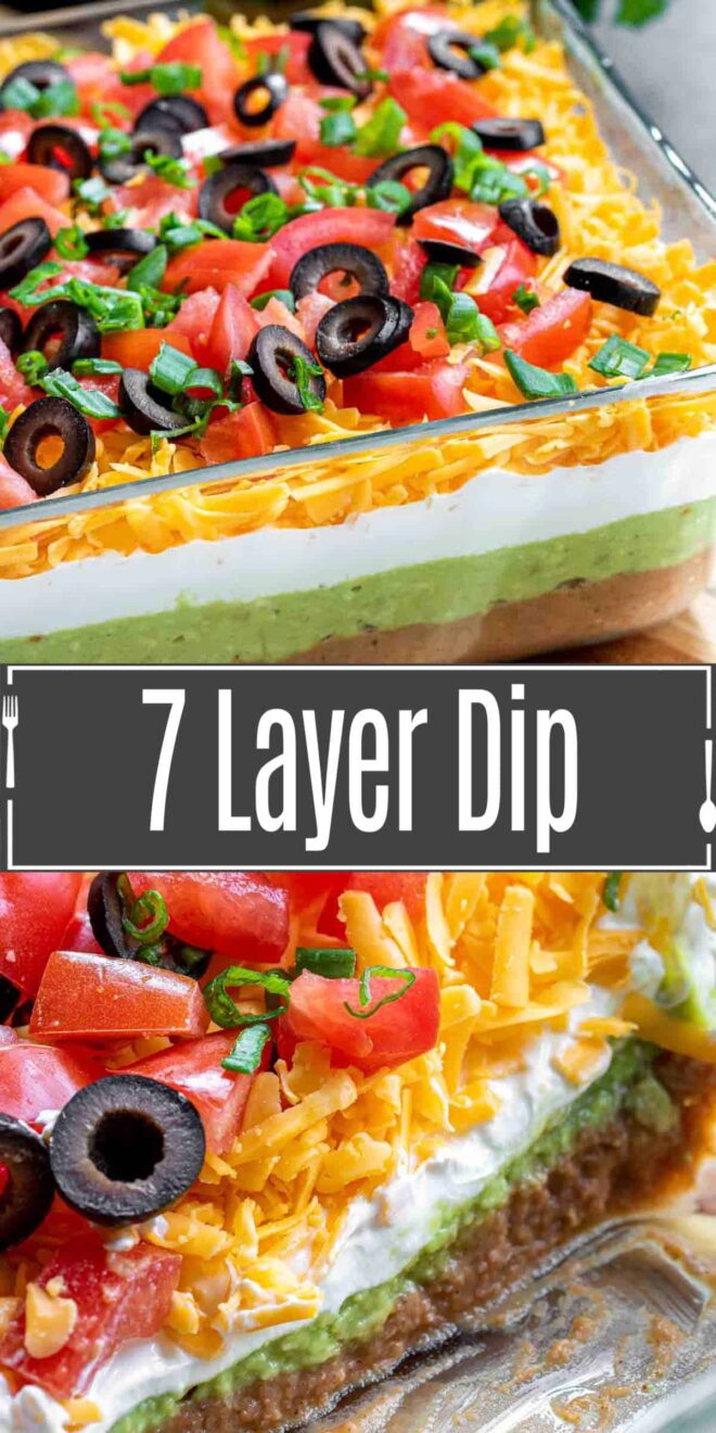 pinterest image of 7 Layer Dip in glass casserole dish