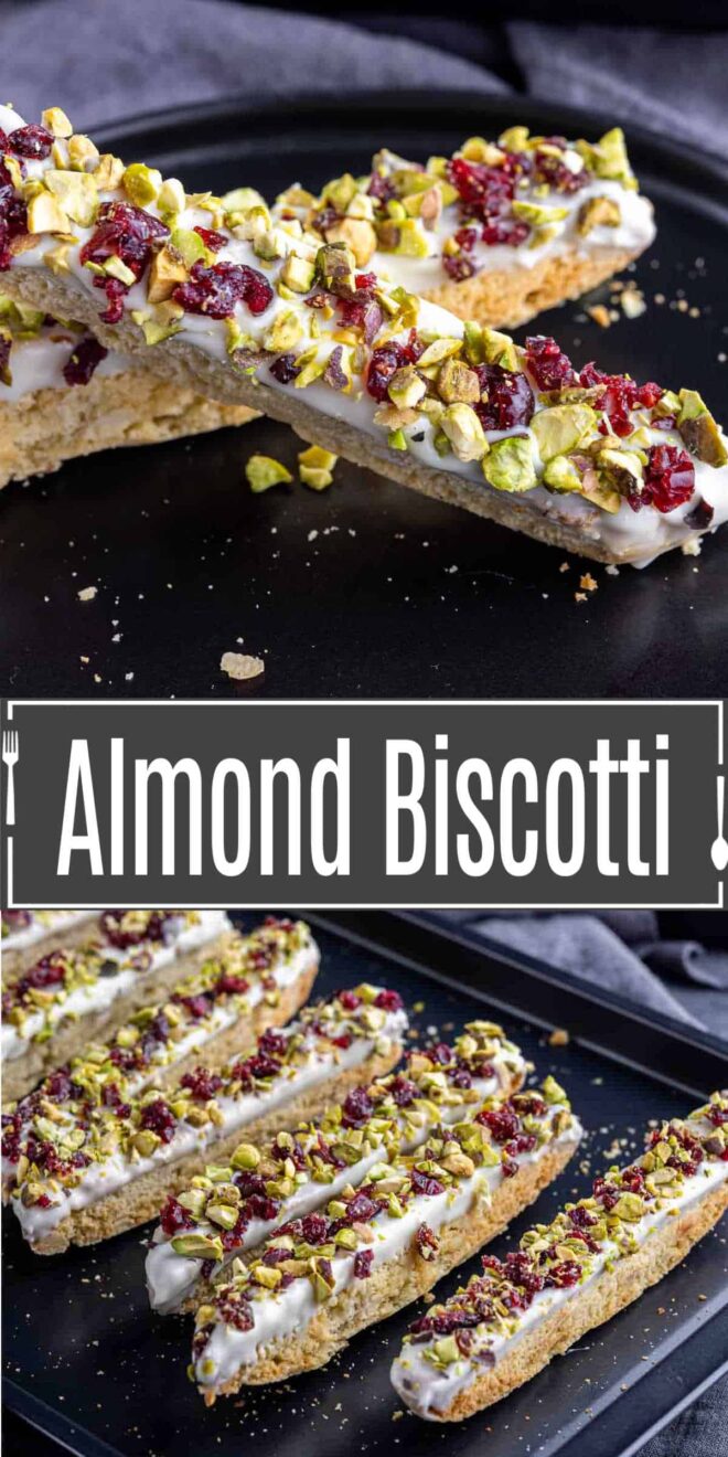 pinterest image of cranberry pistachio almond biscotti dipped in white chocolate