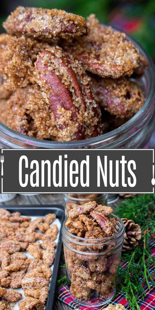 pinterest image of candied nuts in a mason jar