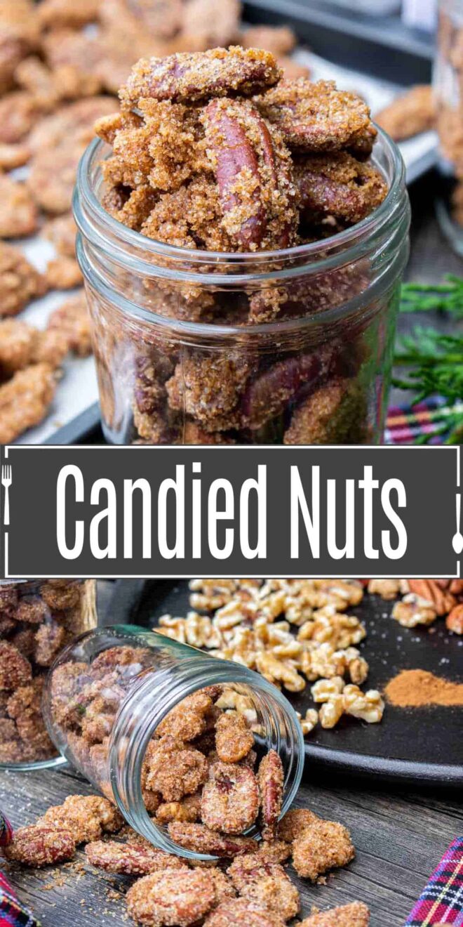 pinterest image of candied nuts in a mason jar