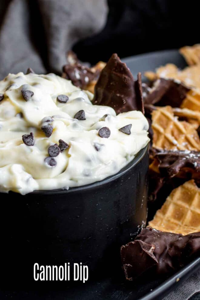 pinterest image Cannoli Dip with waffle cone chips