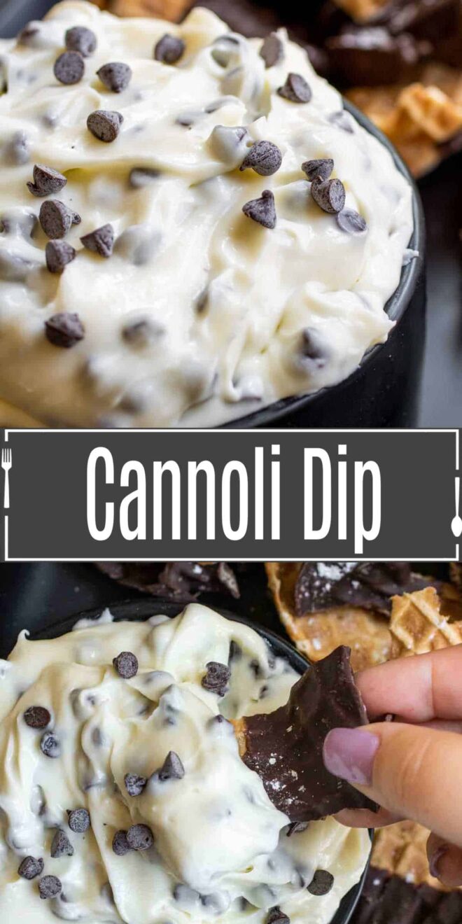 pinterest image of Cannoli Dip in a bowl