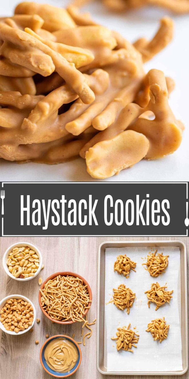 pinterest image of Haystack Cookies and chow mein noodle cookie ingredients