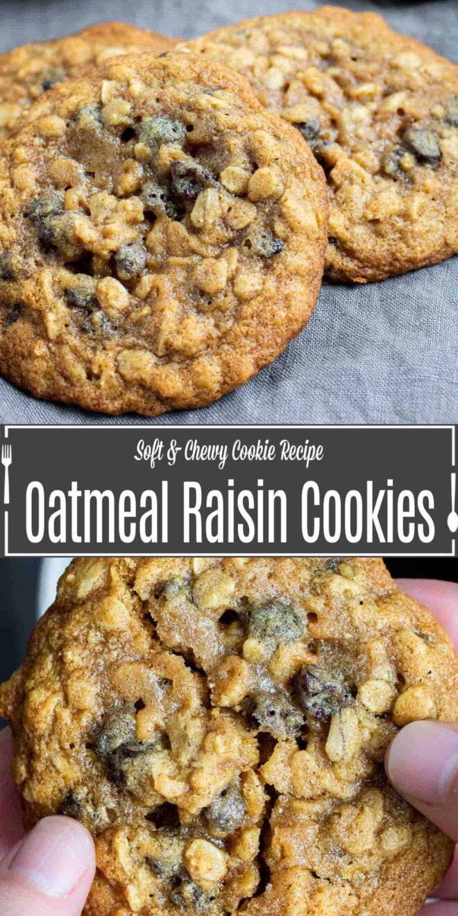 pinterest image of soft and chewy oatmeal raisin cookies