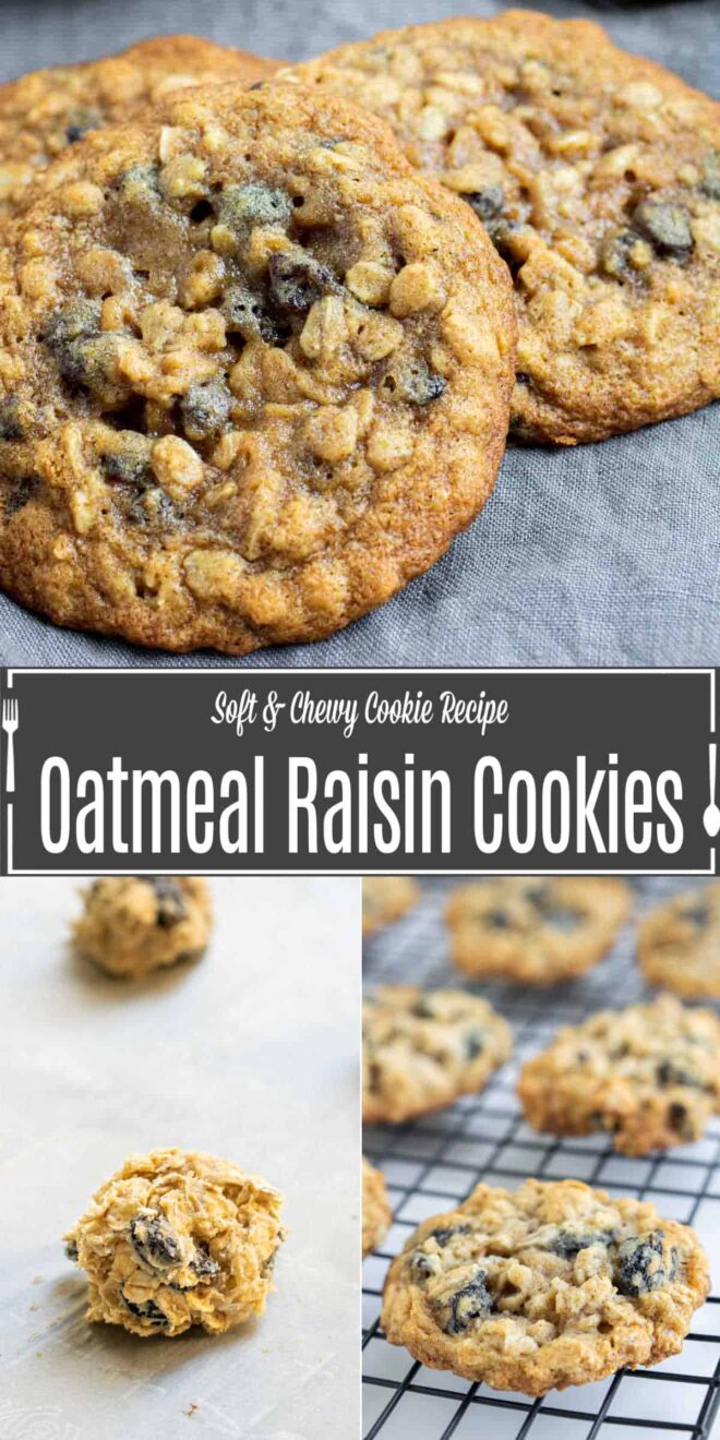 pinterest image of oatmeal raisin cookies on gray cloth