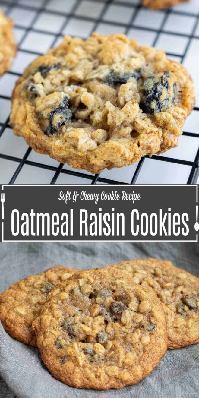 pinterest image of oatmeal raisin cookies cooling