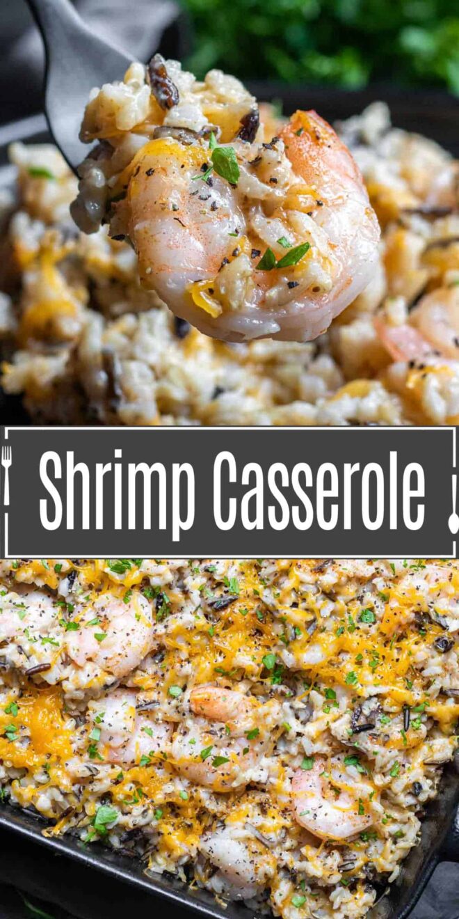 pinterest image of baked Shrimp Casserolewith rice
