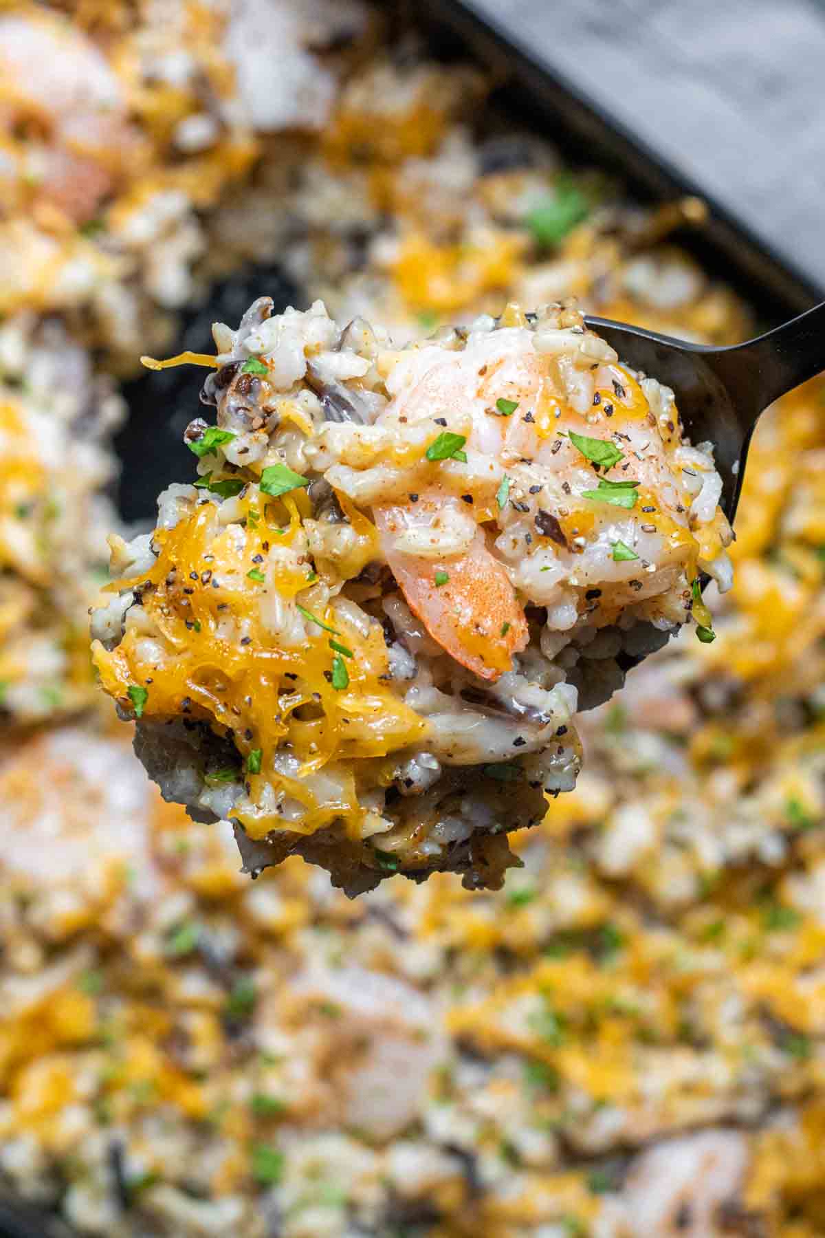 Shrimp Casserole with wild rice in black spoon