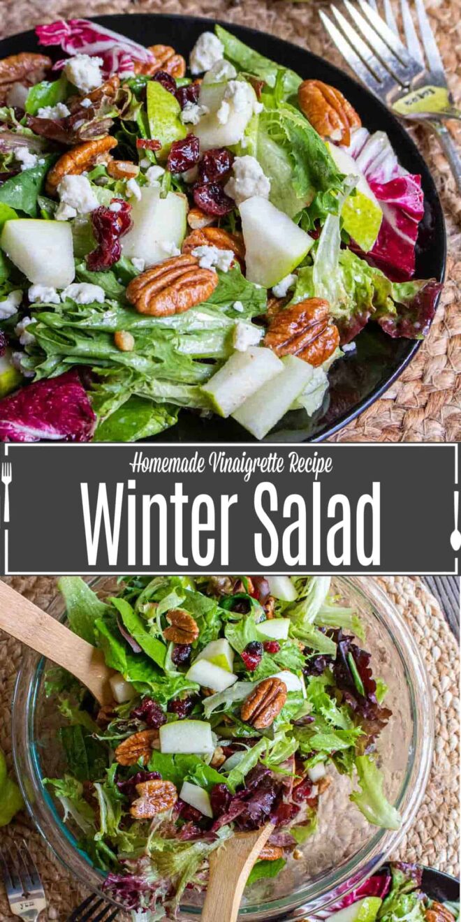 pinterest image of black plate with winter salad and tossing