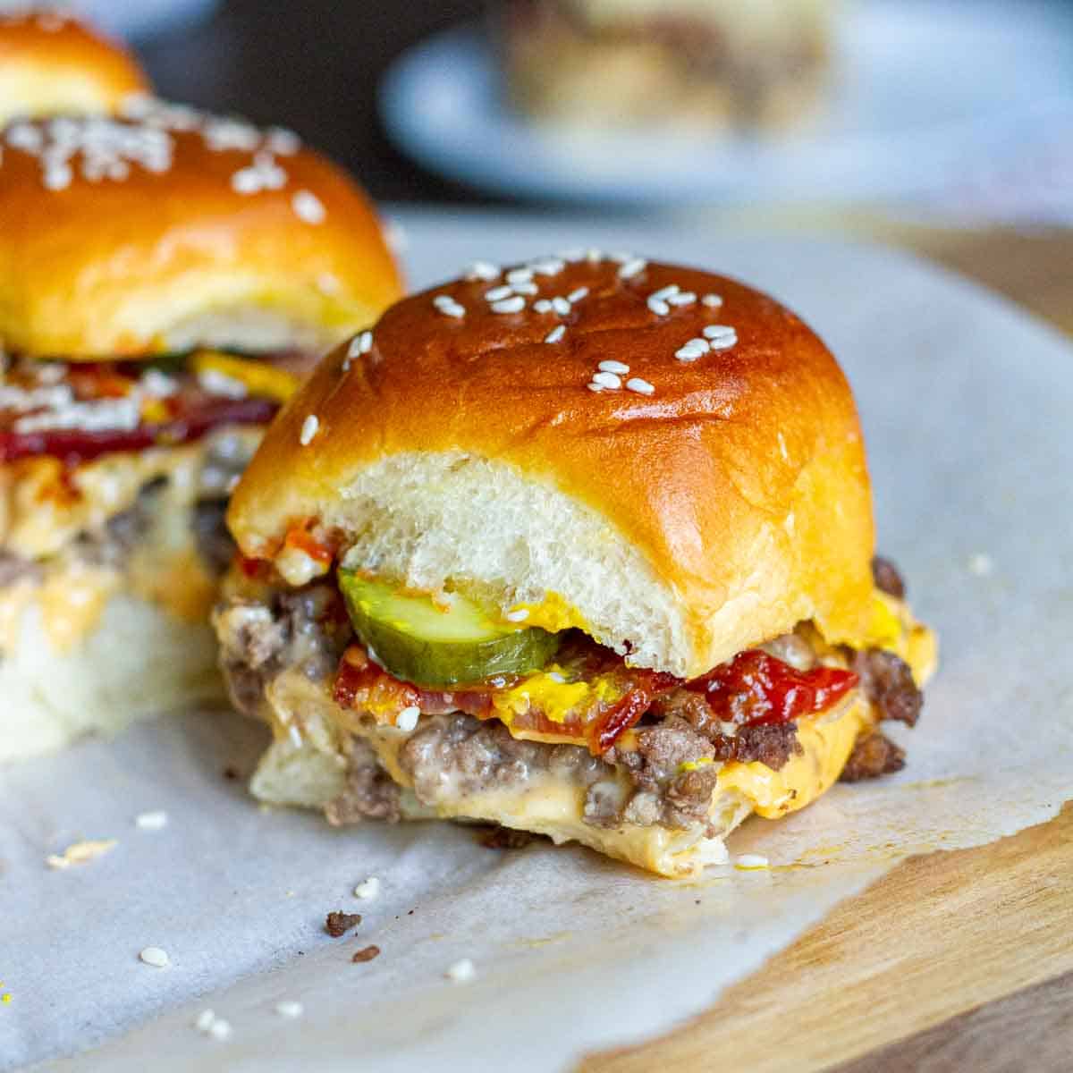 Bacon Cheeseburger Sliders with pickles