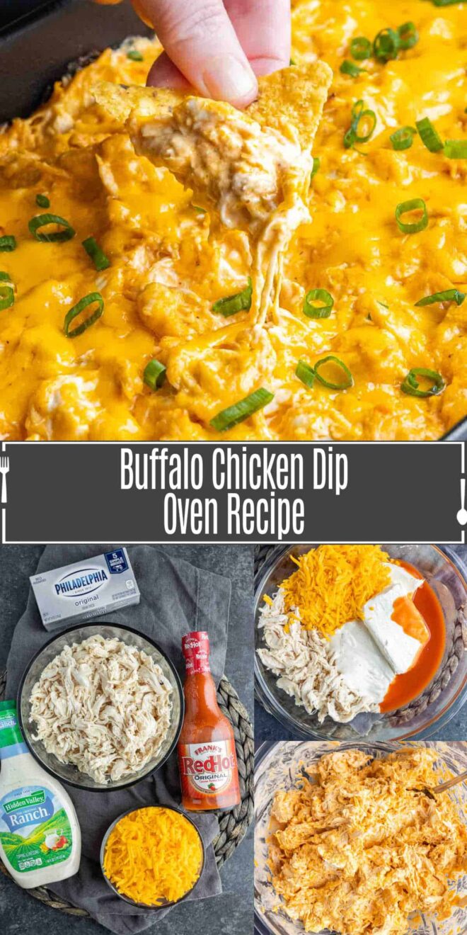 pinterest image of how to make Oven Buffalo Chicken Dip