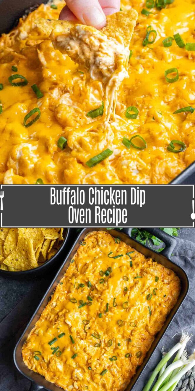 pinterest image of Oven Buffalo Chicken Dip on a chip