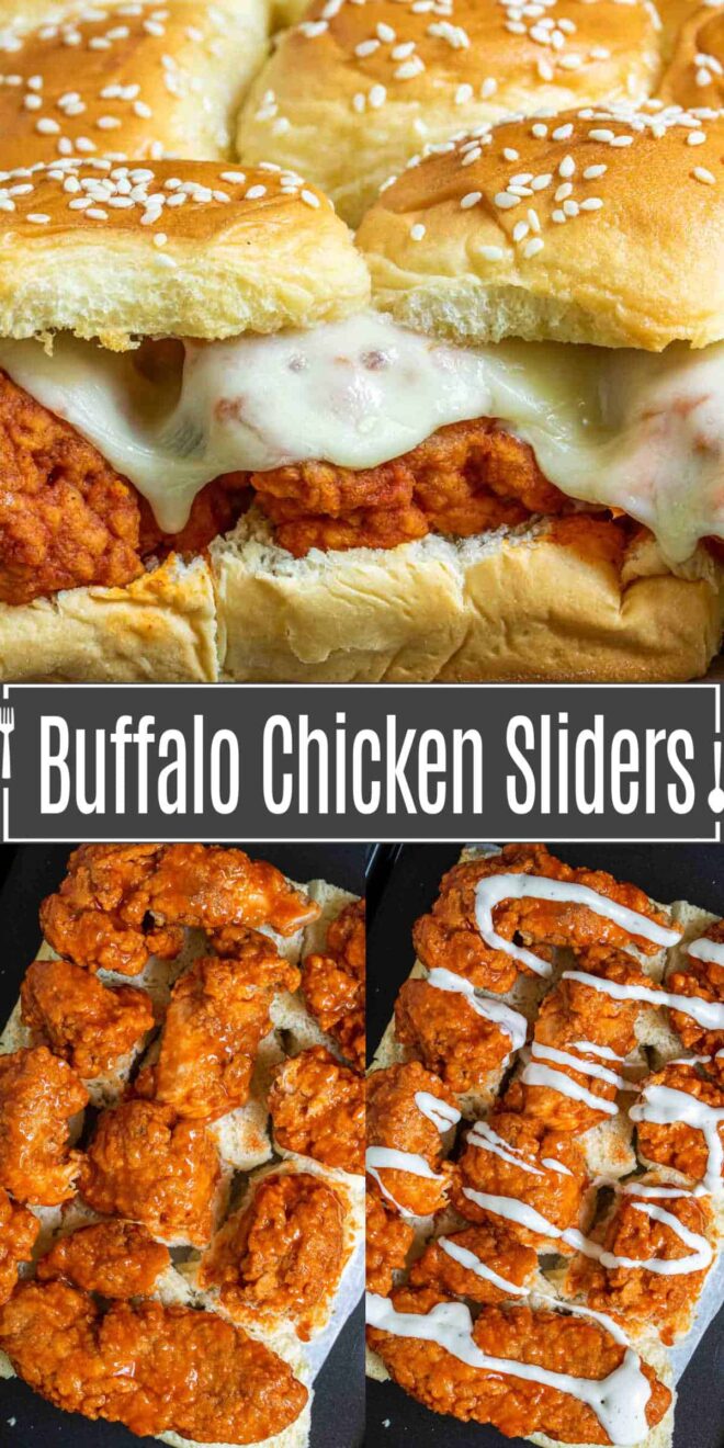 pinterest image of buffalo chicken sliders made with chicken tenders
