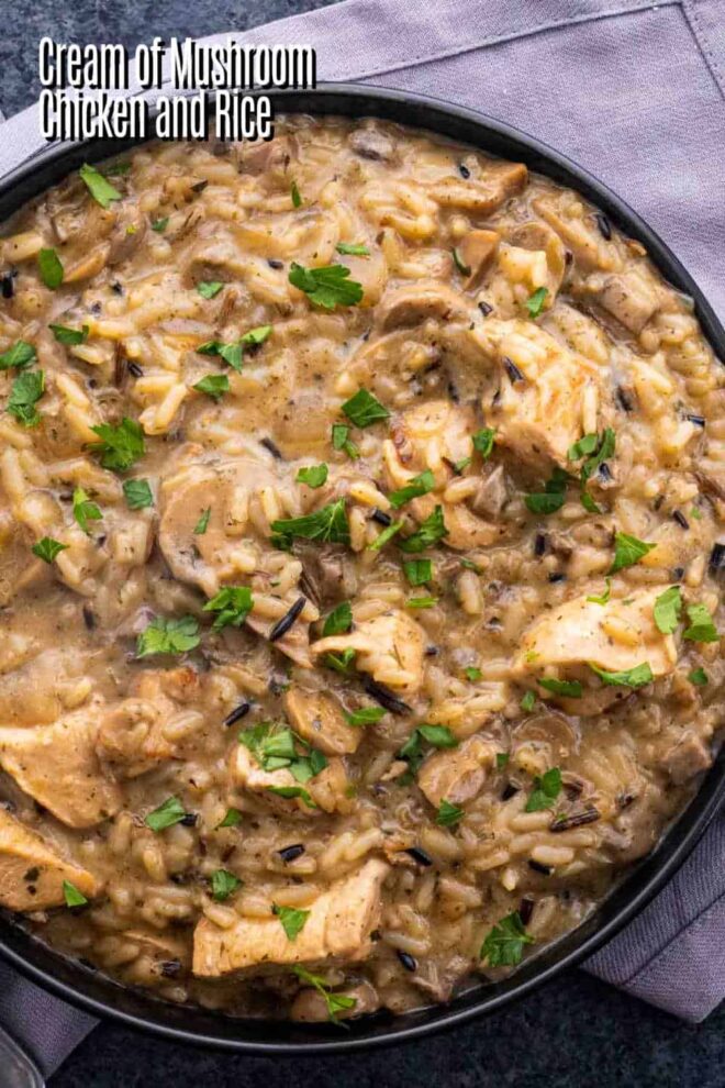 pinterest image of a black bowl of Cream of Mushroom Chicken and Rice in a bowl