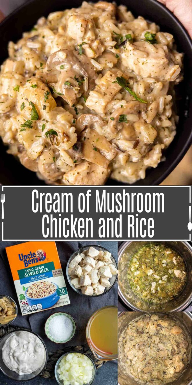 pinterest image of how to make Cream of Mushroom Chicken and Rice