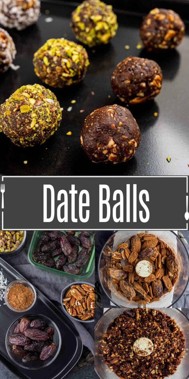 pinterest image of date balls and ingredients