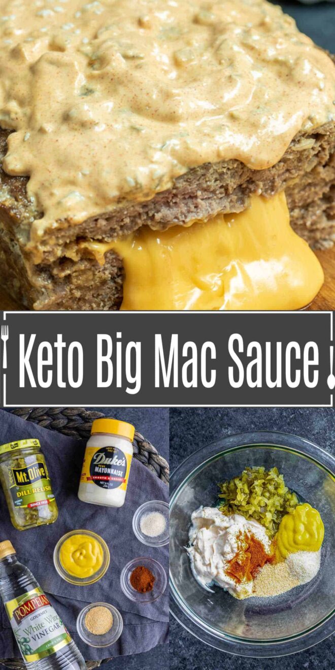 pinterest image of Keto Big Mac Sauce on meatloaf and ingredients