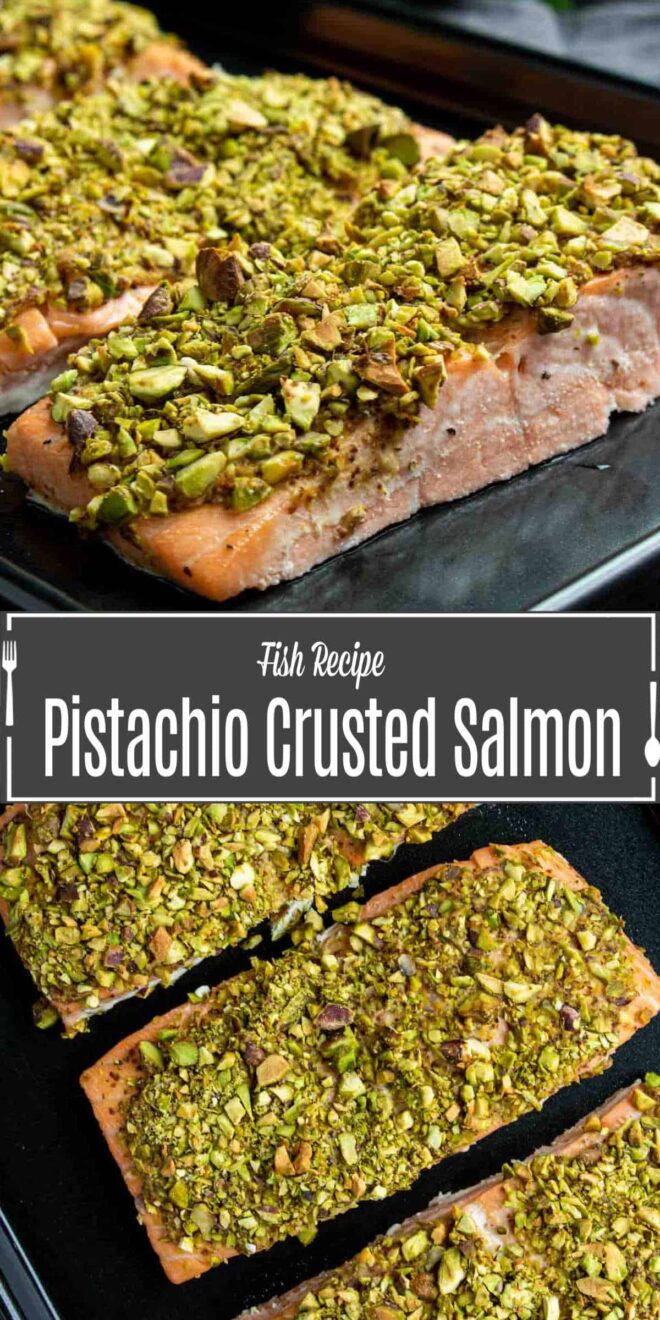 pinterest image of Pistachio crusted salmon on black sheet pan