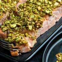 fork in Pistachio crusted salmon