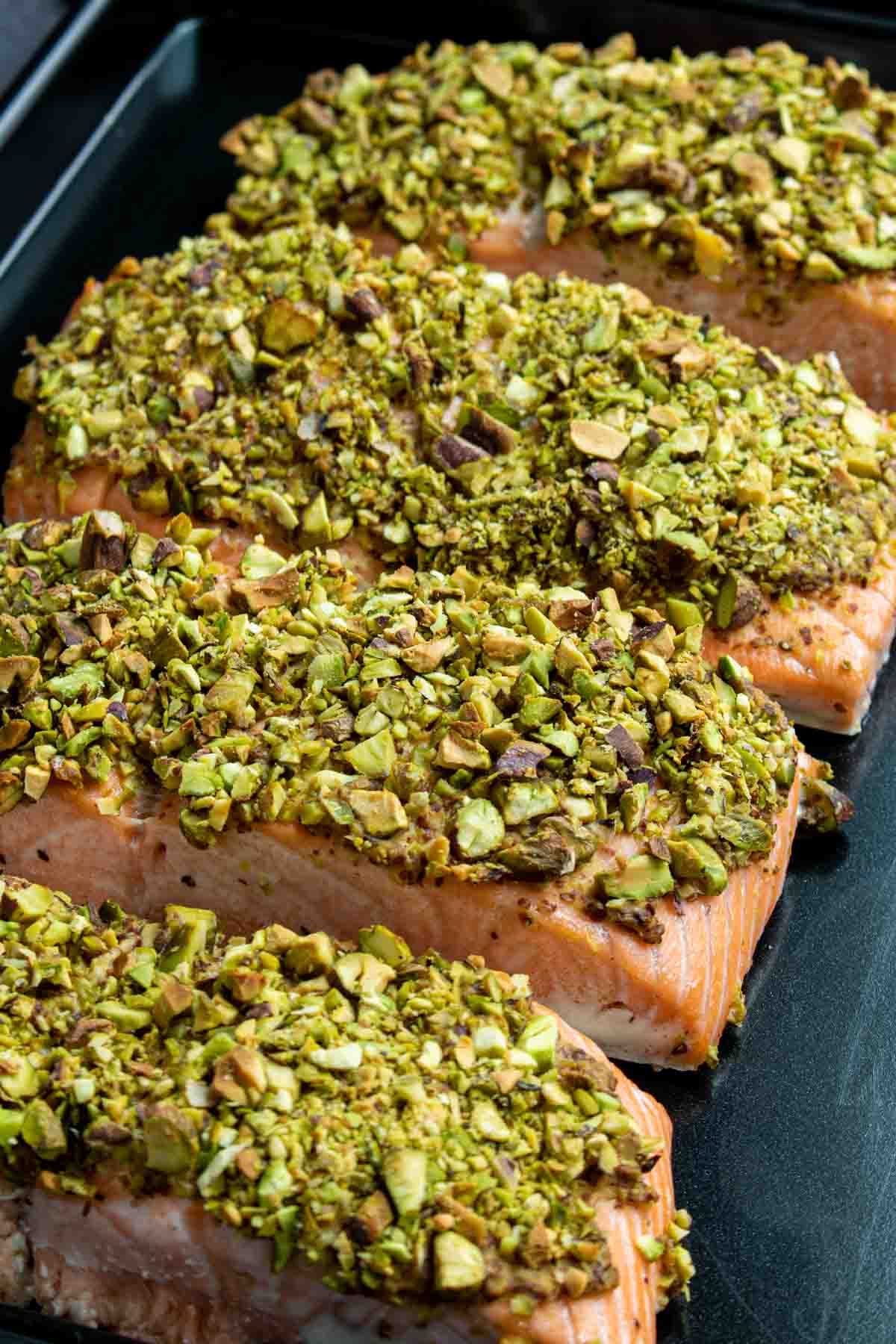 Pistachio crusted salmon roasted in the oven