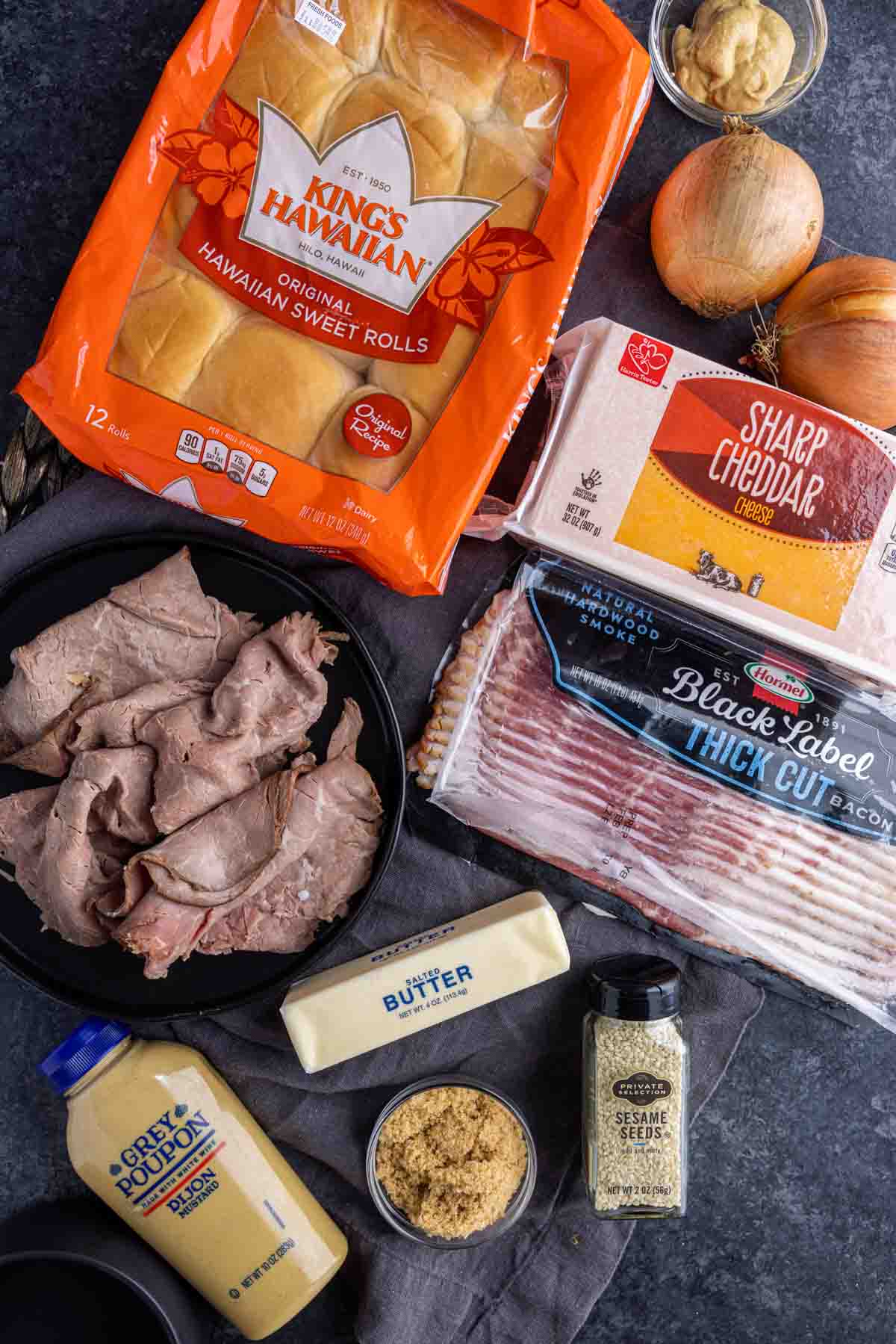 ingredients for Roast Beef Sliders with Brown Sugar Bacon