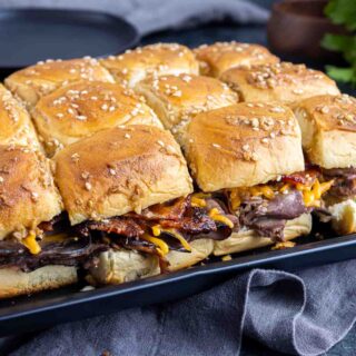 Roast Beef Sliders with Brown Sugar Bacon on a sheet pan