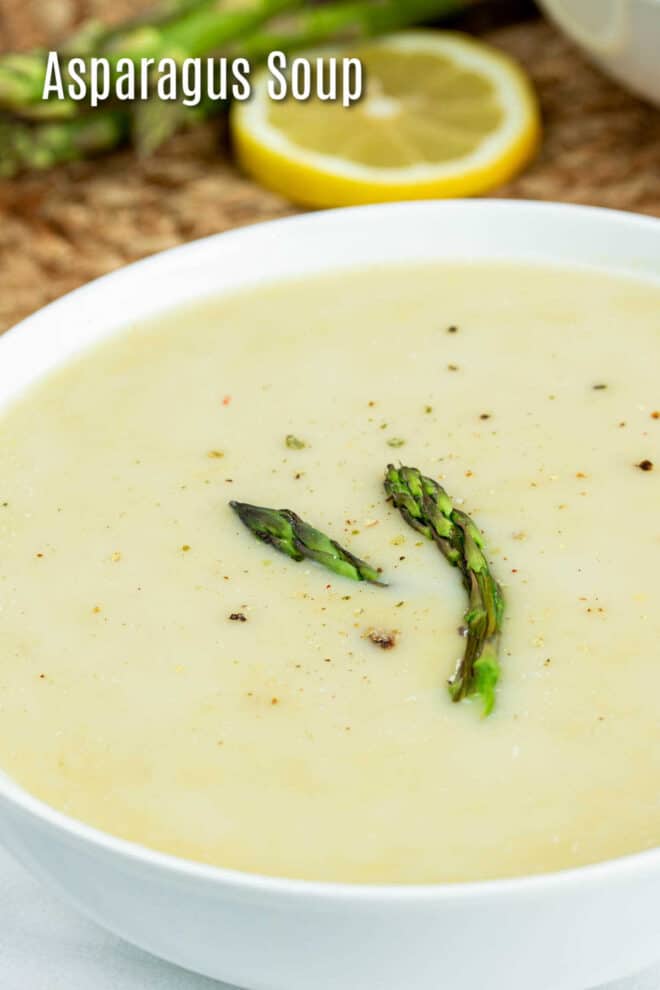 pinterest image of asparagus soup in a bowl